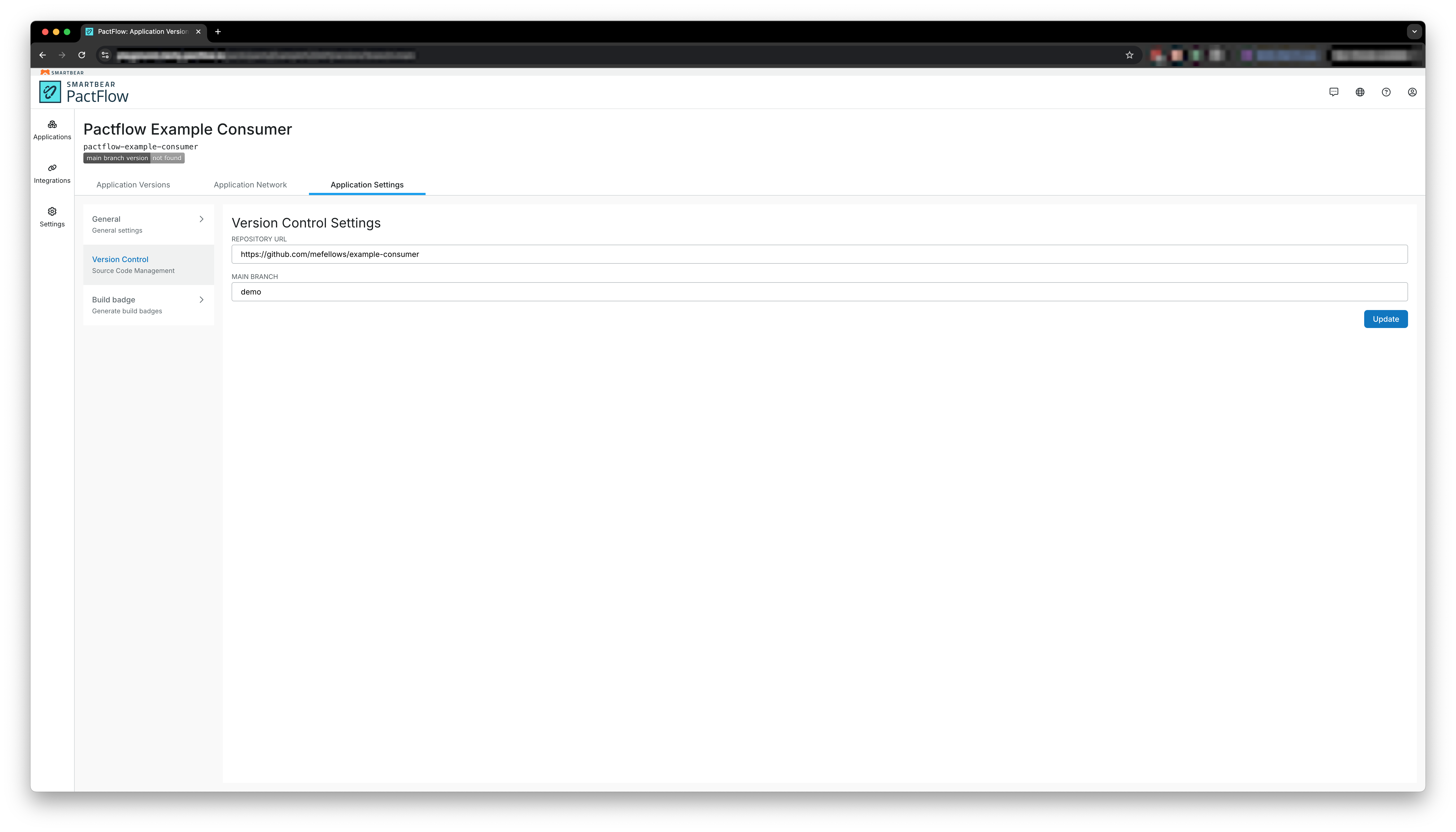 Application – Version Control Settings Page